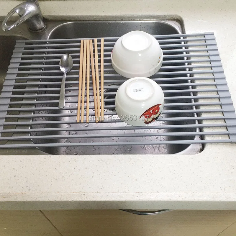 New Dish Drainer Rack Over Sink Roll Up Mat Kitchen Tray Heat