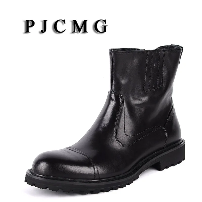 

ZGZJYWM Men's Genuine Leather Black Outdoor Waterproof Rubber Zip Martin Business Office Formal For Mens Boots With Fur With Fur