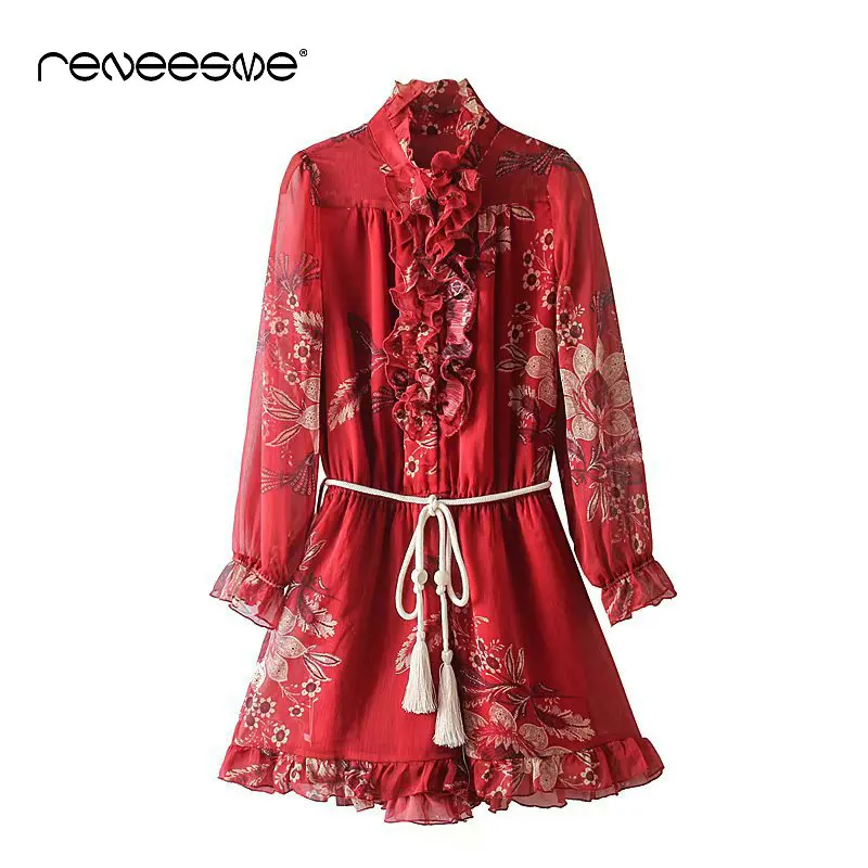 summer chiffon red lace women short jumpsuits long sleeve elastic waist tassel belt chic print ladies playsuits bohemian rompers summer chiffon red lace women short jumpsuits long sleeve elastic waist tassel belt chic print ladies playsuits bohemian rompers