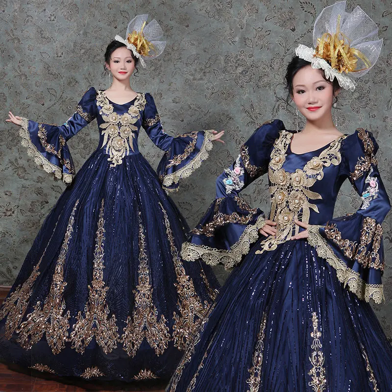 

Dark Blue Marie Antoinette Ball Gown Dress Renaissance Dress Historical Period Costumes include Headdresses