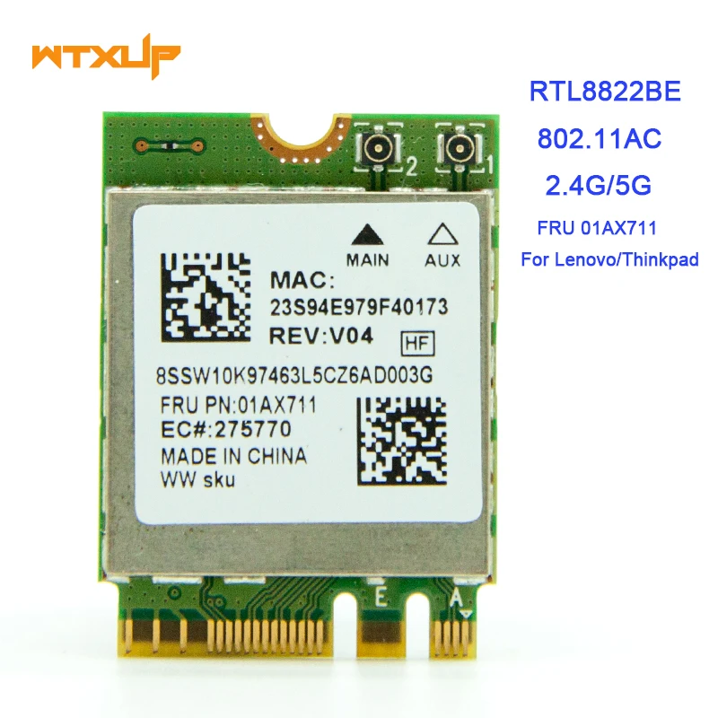 

Original Realtek 8822BE RTL8822BE NGFF 802.11ac 2.4G/5GHz Wireless Wifi Card+Bluetooth 4.1 FRU: 01AX711 For Thinkpad L470 L570
