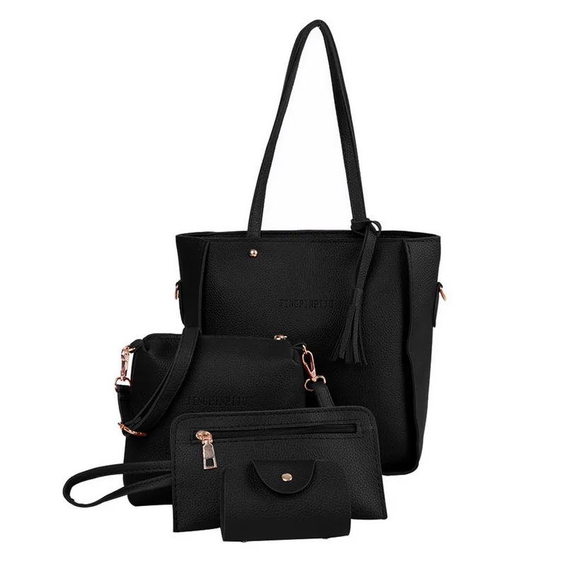 3Pcs/Set Bags For Women Handbag PU Leather Shoulder Bags Casual Tote Tassel Top Handle Designer Bag Composite Messenger Bag - Цвет: 2-0001black 2