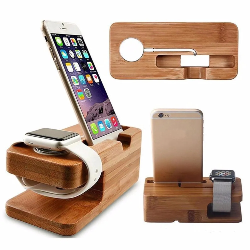 

2-in-1 Real Bamboo wood Desktop Stand for iPad Tablet Bracket Docking Holder Charger for iPhone Charging Dock for Apple Watch