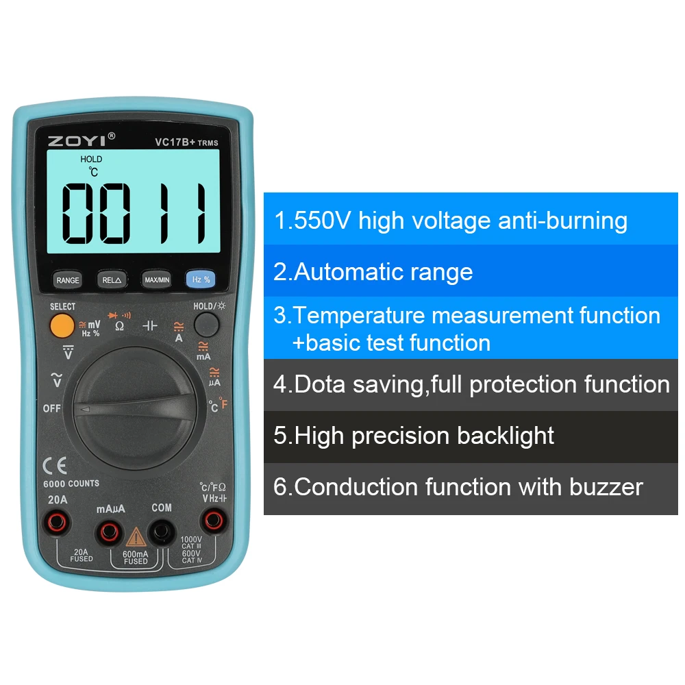 

6000 counts battery-powered auto-ranging digital multimeter true-rms AC/DC voltgae current Capacitance,Ohm etc+temperature test