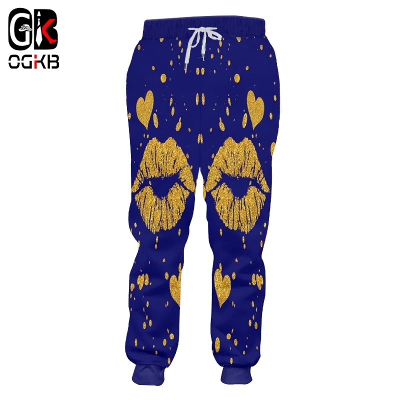 

OGKB Men's 2019 Lips Gold and blue Large Size Special National flag Sweatpants Casual 3d Printed Mouth Funny Pants 6xl
