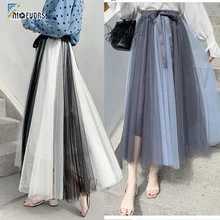 Сезон: весна–лето дизайн юбки Для Женщин Синий Розовый черный, белый цвет с украшениями-бантиками юбки из сетчатой ткани Высокая Талия Цвет юбка в стиле бохо с длинным F320