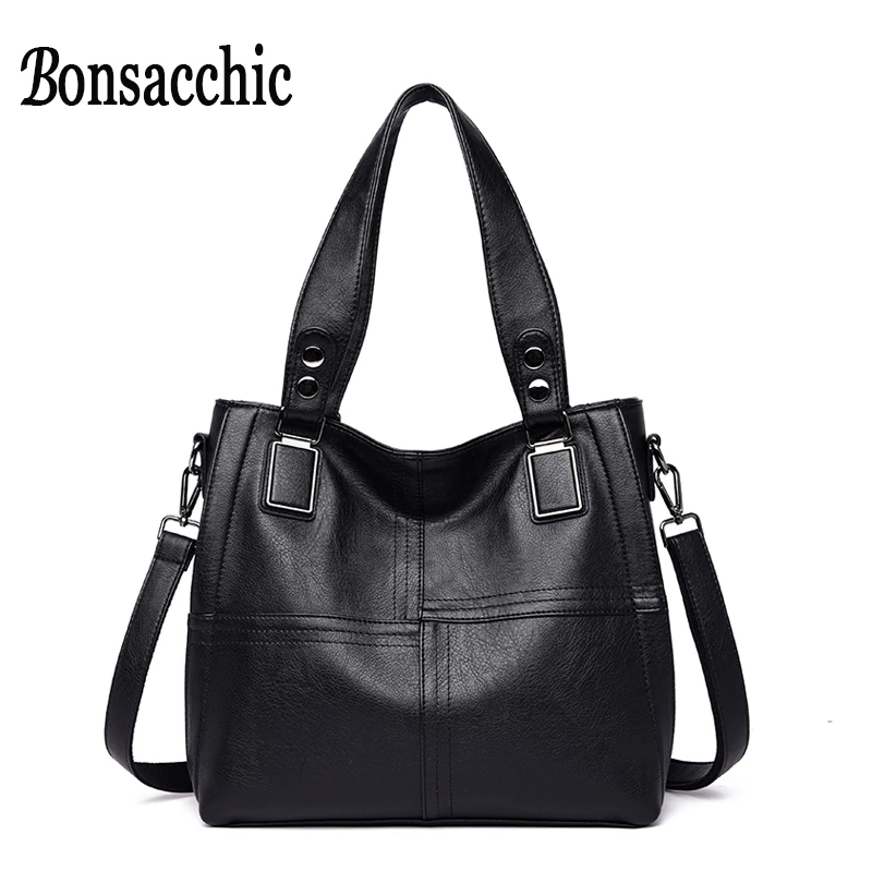 

Bonsacchic Ladies Hand Bags Luxury Handbags Women Genuine Leather Bags Designer Patchwork Black Leather Tote Bag Purse Sac Femme