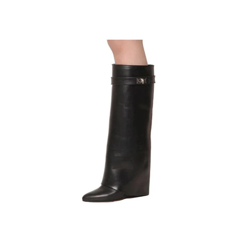 Женские ботинки на танкетке; черные сапоги до колена на высоком каблуке; высокие сапоги из натуральной кожи с острым носком; женские сапоги на танкетке; botas; большие размеры - Цвет: Серый