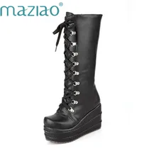 MAZIAO/Новые мотоциклетные сапоги в готическом стиле, панк, обувь косплей сапоги, сапоги до колена на платформе и высоком каблуке, пикантные зимние сапоги до колена на танкетке на молнии