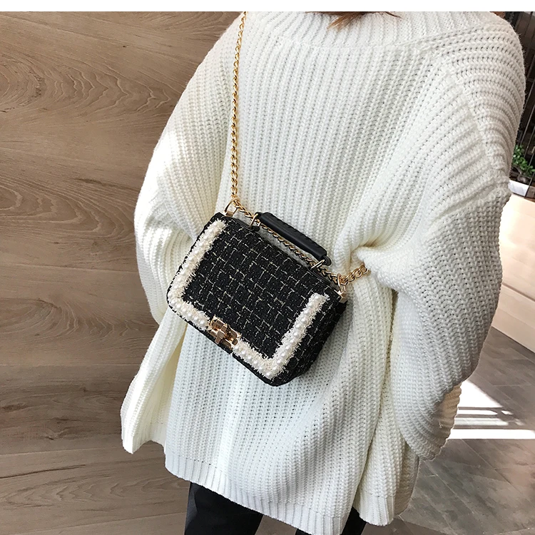 Winter Fashion New Female Square Tote bag Quality Woolen Pearl Women's Designer Handbag Ladies Chain Shoulder Crossbody Bag