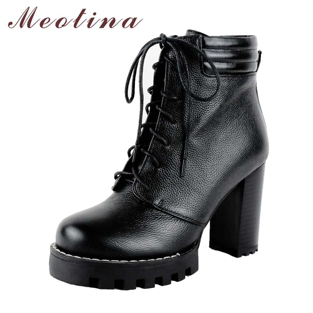 

Meotina Genuine Leather Boots Women Winter Platform High Heel Motorcycle Boots Lace Up Thick Heel Ankle Boots Autumn Shoes Black