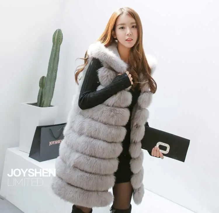 Cheap UPPIN 2019 New Fashion Fur Vest Women Winter With Hood Furry Cute Faux Fox Long Fur Vest Woman Plus Size Faux Fur Overcoat 17