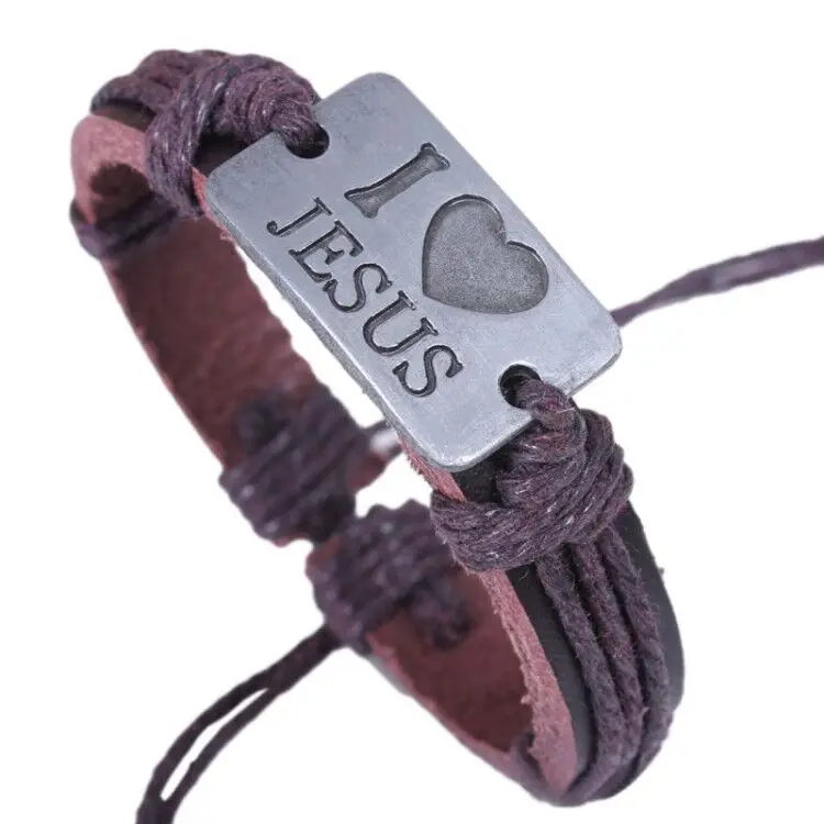 Новая мода мужские ювелирные изделия винтажные кожаные браслеты и браслеты металлический крест греческий веревочный браслет шнур, обработанный воском, с регулируемой длиной коричневый черный - Окраска металла: Love Jesus Brown
