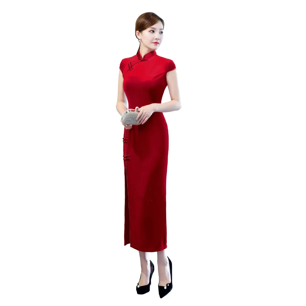 

Shanghai Story 2019 New Arrival Short Sleeve Qipao Long Chinese Dress High Split Cheongsam Velvet Solid Qipao Dress for Women