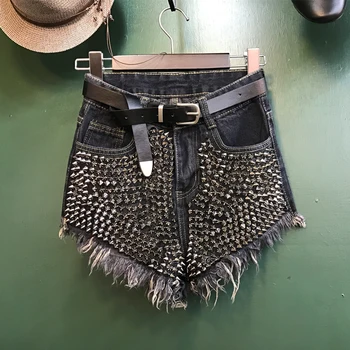 

2019 Summer New Short Jean Women Rivet Fur Edge Denim Shorts Female Hot Pants Girls Students Black Slim Jeans Streetwear Femme