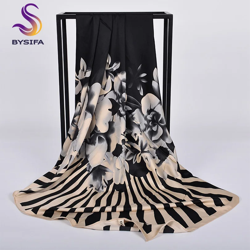 

[BYSIFA] Black Beige Ladies Satin Square Scarves Wraps Brand Accessories Silk Scarf Shawl 100*100cm Elegant Mulsim Head Scarf