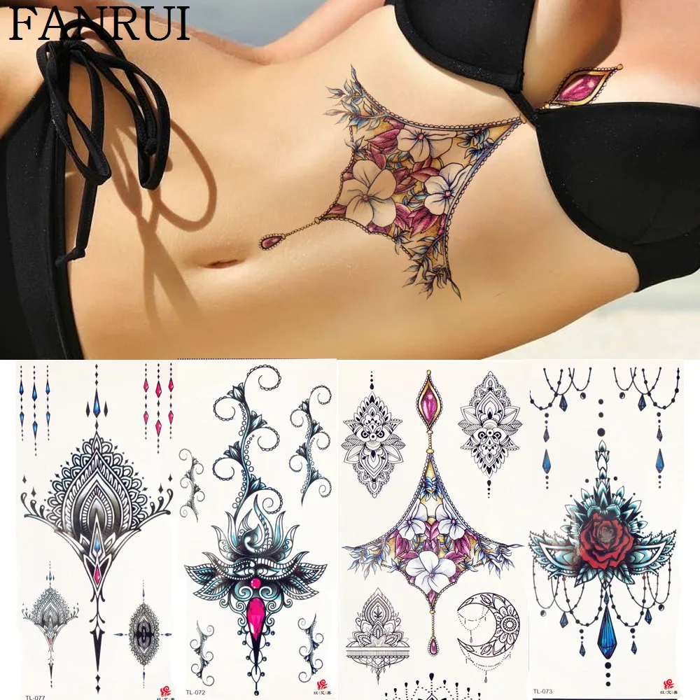 062 24 De Réductionbijoux Chaînes Mains Tatouage Temporaire Autocollants Femmes Corps Sous Poitrine Art Dessin Faux Tatouage Gemme Fleur Tatoos