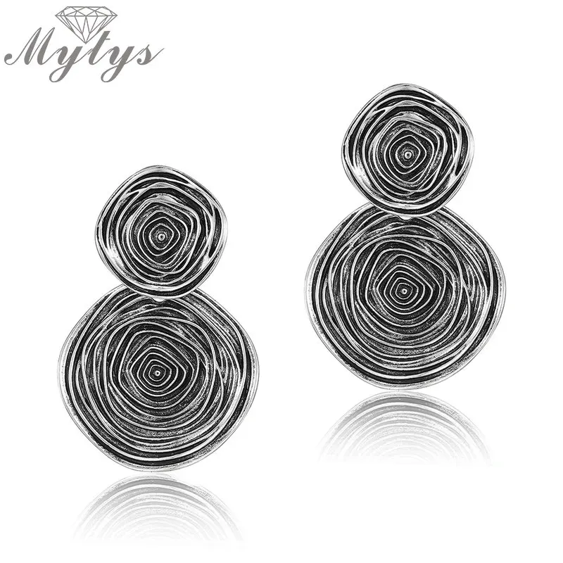Mytys Thai Silver Double Round Dangle Earrings Black Circle Pattern Geometric Drop Earrings for Women Statement Jewelry CE454 Mytys Thai Silver Double Round Dangle Earrings Black Circle Pattern Geometric Drop Earrings for Women Statement Jewelry CE454