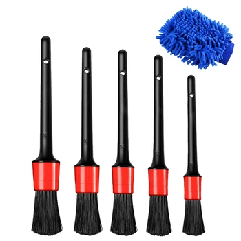 

Detail Brush (Set Of 6), Auto Detailing Brush Set With A Car Wash Mitt For Car Motorcycle Automotive Cleaning Wheels, Dashboar