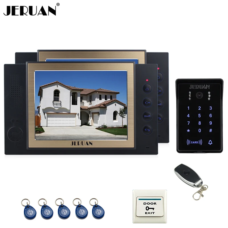 JERUAN 8 inch video doorphone Record intercom system 2 monitor New RFID waterproof Touch Key password keypad Camera 8G SD Card