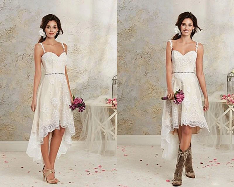 

2019 Vintage Spaghetti Lace High Low Wedding Dresses Short Beach Bridal Gowns Custom Made Wedding Gowns