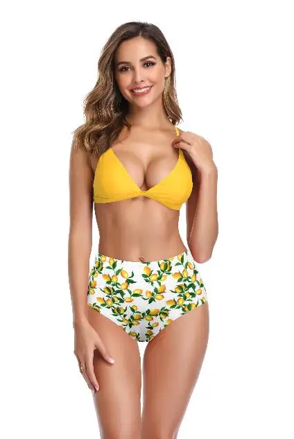 SHEKINI женский треугольный Бикини Топ с высокой талией два предмета купальники Летний комплект бикини пляжный купальник - Цвет: Yellow