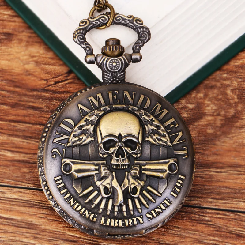 

(1165) Steampunk Pocket Watch vintage bronze 2ND AMENDMENT double Guns Watch Necklace , 12 pcs/lot, wholesale