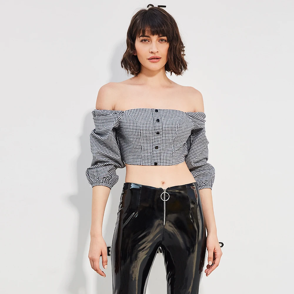 womens crop top blouses shirt off shoulder slash neck black plaid half