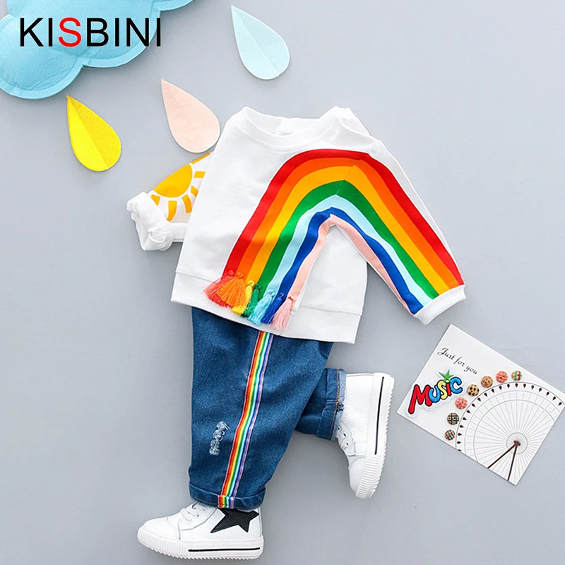 KISBINI Clothing Sets Baby Girl Boy Clothes Suits Rainbow Stripe Long Sleeve Pullover+Jeans Infant Toddler Kid 12M-24M | Детская одежда