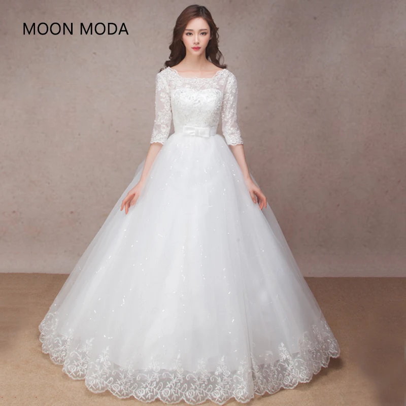 Long Half Sleeve Muslim Lace Wedding Dress High Quality 2019 Bride