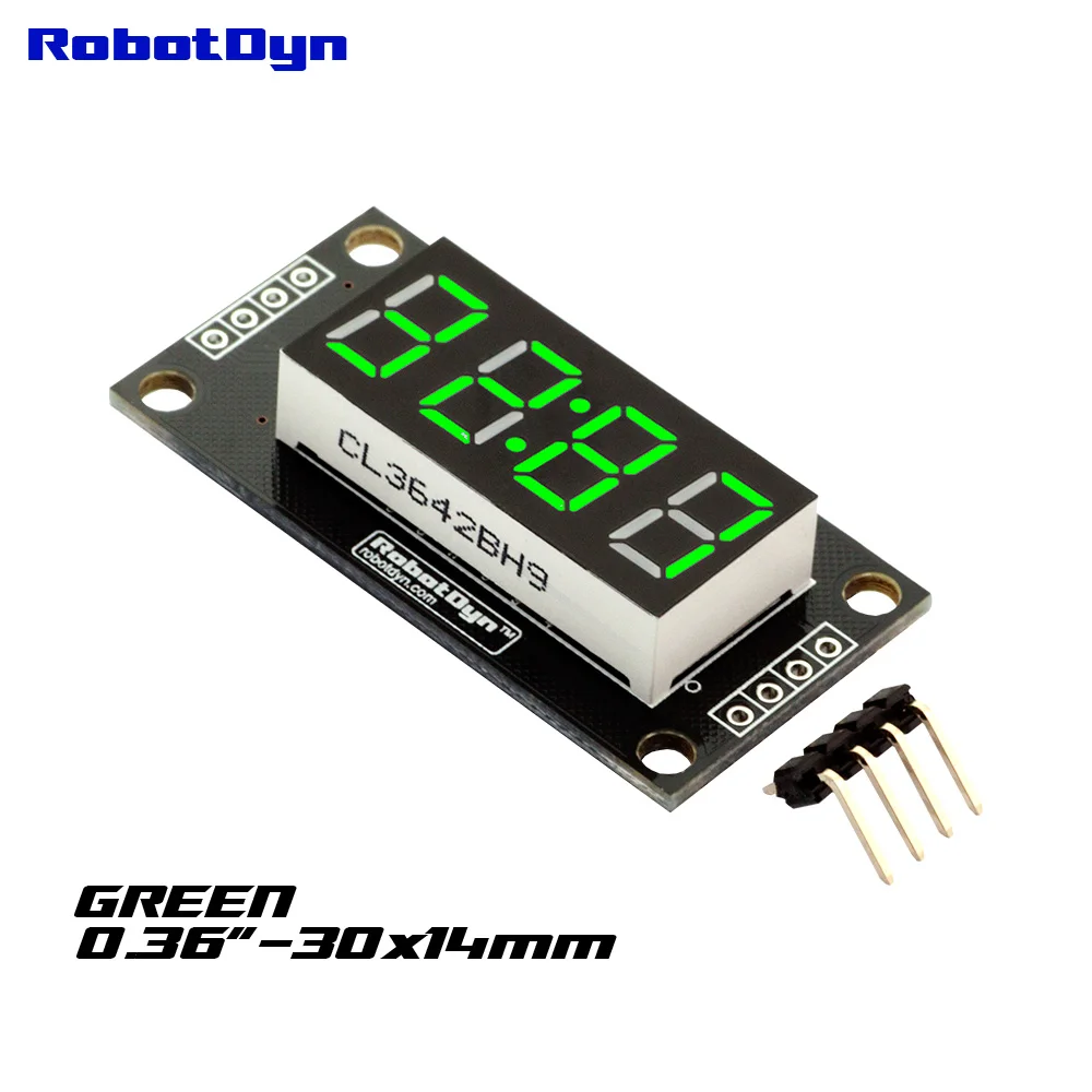 

4-Digit LED 0.36" Display Tube (clock, doubledot), 7-segments GREEN, TM1637, disp. size 30x14mm