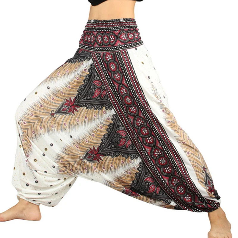 One Size Women Thai Indian Harem Trousers Comfy Boho Pants Long Beach Summer Pants Casual Loose Low Cut Floral Trousers