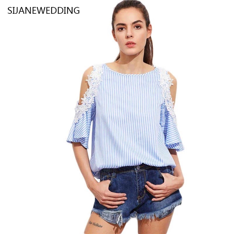 SIJANE Blue and White Stripes Shirt Oversize Casual T-shirt Trumpet Sleeves Plus Size Tops 0481 Tops