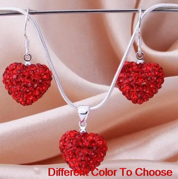 

rhinestone multicolor ab clay heart Silver Plated snake chain Crystal crystal set earrings Necklace For Women men gift lot.