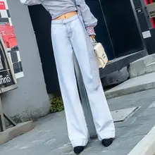 Женская одежда Весна-Лето Корейская версия была тонкой Уайлд высокая Талия Кружева Широкие края девять очков джинсы женские