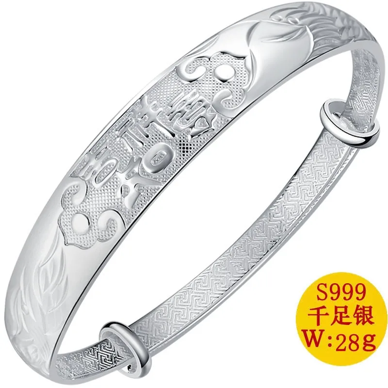 

2019 Sale Bracelet Femme Voor Vrouwen Auspicious Bracelet Chinese Wind Push-pull Printing Longfeng S999 Fine Sterling Jewelry