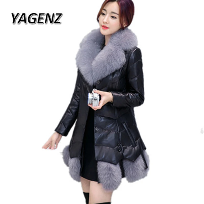 Luxury Women Fur Collar Warm Coat Leather Cotton Jacket Overcoat Parka Outwear