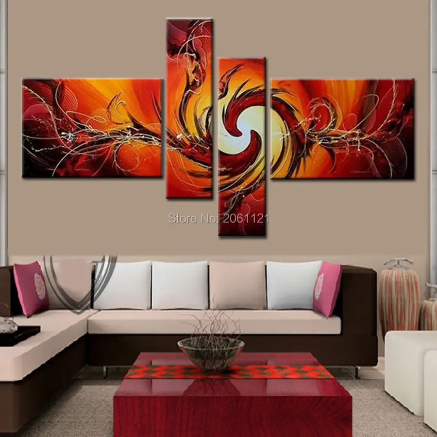 2687 20 De Réductionà La Main Feu Oiseaux Peinture à Lhuile Rouge Brûler Feu Art Moderne Abstrait 4 Panneau Mur Toile Art Ensembles Image