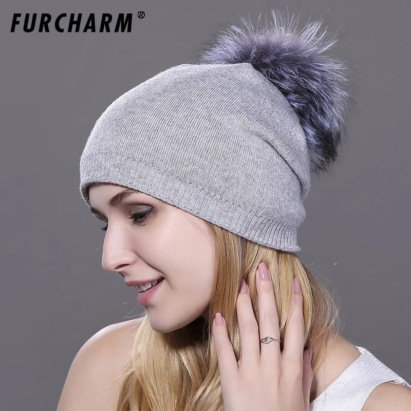 

2018 New Hats for Girls Wool Knitted Cap with 100% Real Fox Fur Pompom Causal Female Hat Winter Outdoor Warm Ski Hats for Women