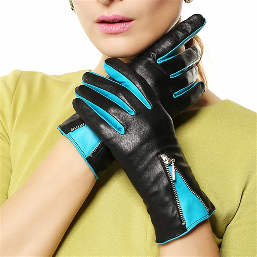 Топ женские перчатки из натуральной кожи модные контрастные цвета с молнией на запястье термо козья кожа для зимы вождения L141NQ