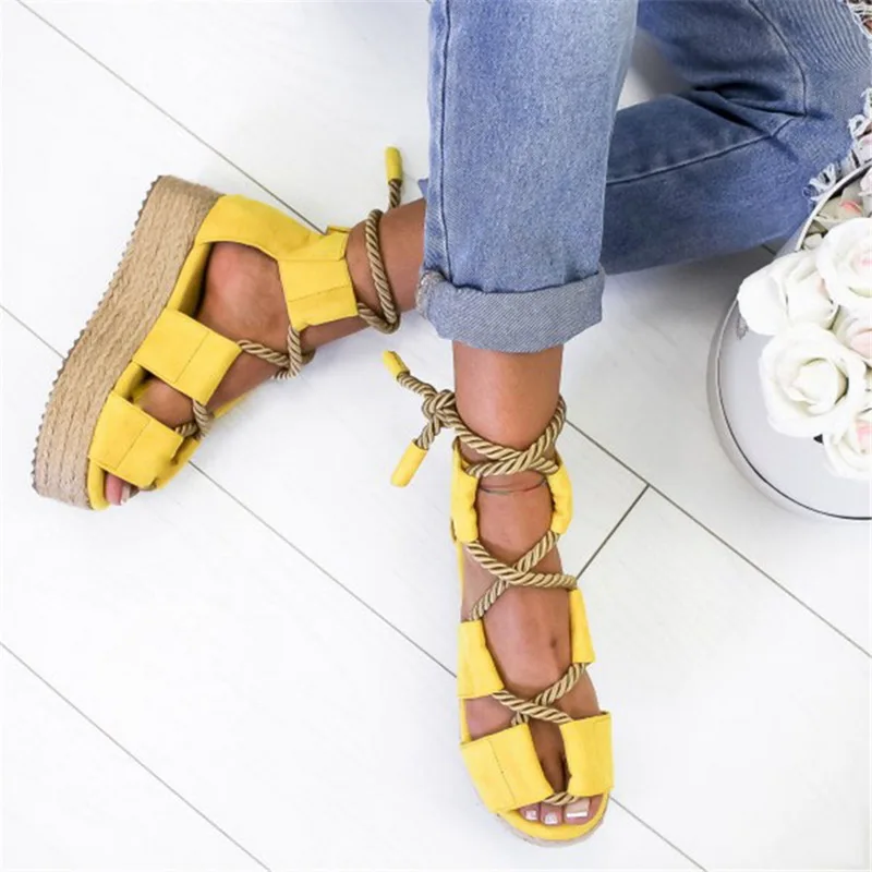 

LITTHING Summer Women Sandals Wedge Espadrilles 7CM Heel Pointed Fish Mouth Sandals Woman Hemp Lace Up Women Platform Sandals