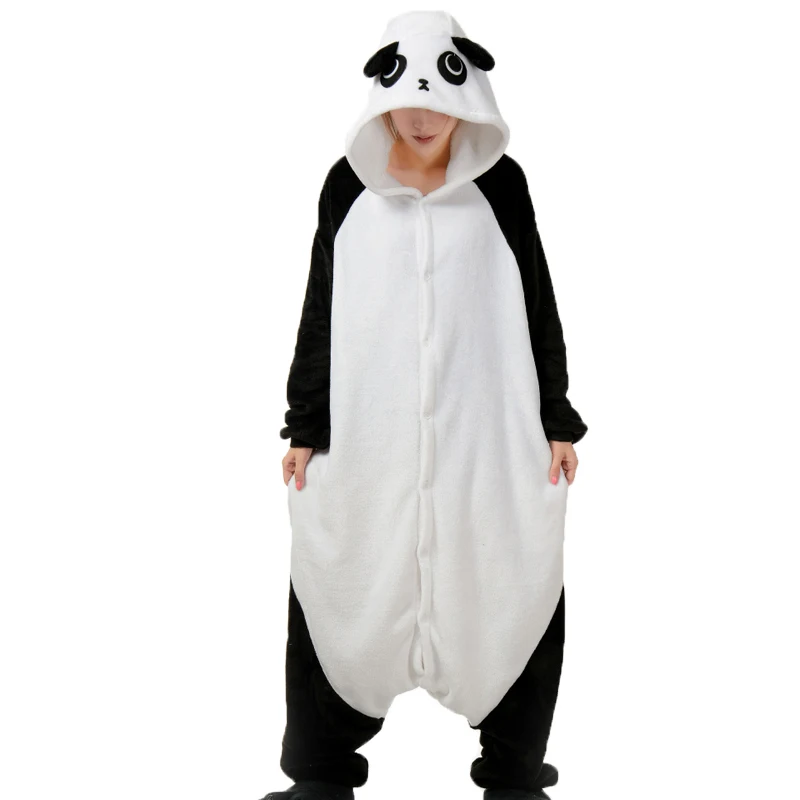 Кигуруми фланелевые пижамы в виде единорога для мужчин и женщин, Комбинезоны для взрослых, единорог, панда, Ститч, косплей, зимняя теплая одежда для сна с капюшоном - Цвет: panda(GF)