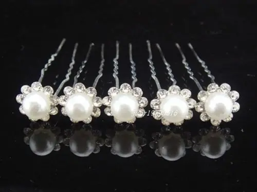 

200pcs/Lot Free Shipping Shining Fashion Pearl Crystal Wedding Bridal Flower Hair Sticks Silver Plating Hair pins