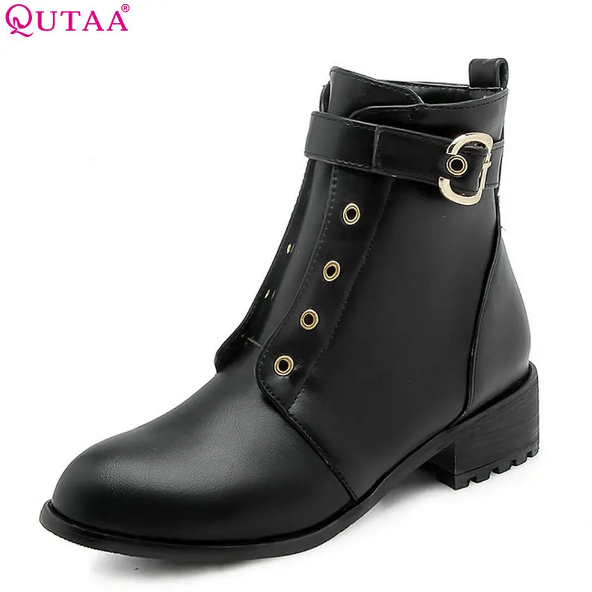 

QUTAA 2019 Women Ankle Boots Pu Leather Fashion Winter Shoes Platform Square High Heel Women Motorcycle Boots Big Size 34-43
