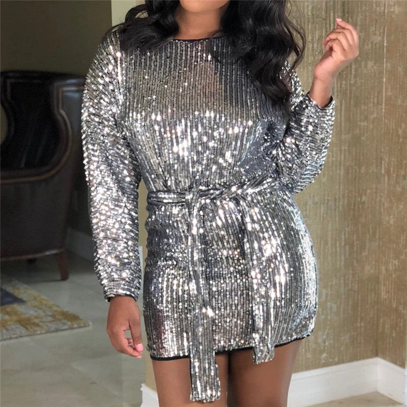 

Shiny Silver Sequins Mini Dress O Neck Long Sleeves Bodycon Dress With Sash 2019 Autumn Fashion Streetwear Dress For Women