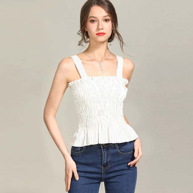 Sexy Fold Elastic Strap Spaghetti Tank Tops Cute Ruffles Pleated