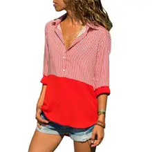 Women Plus Size Long Sleeves Chiffon Blouse Color Block Patchwork Vertical Stripes Shirt Lapel Collar Button Up Asymmetric Loose color block geometry patchwork plus size knitwear
