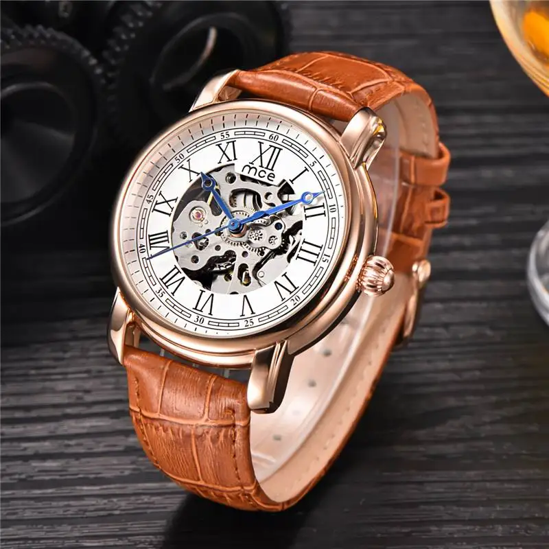 

Colouring Gold Hollow Automatic Mechanical Watches Men MCE Luxury Brand Leather Strap Casual Vintage Skeleton Watch Clock relogi
