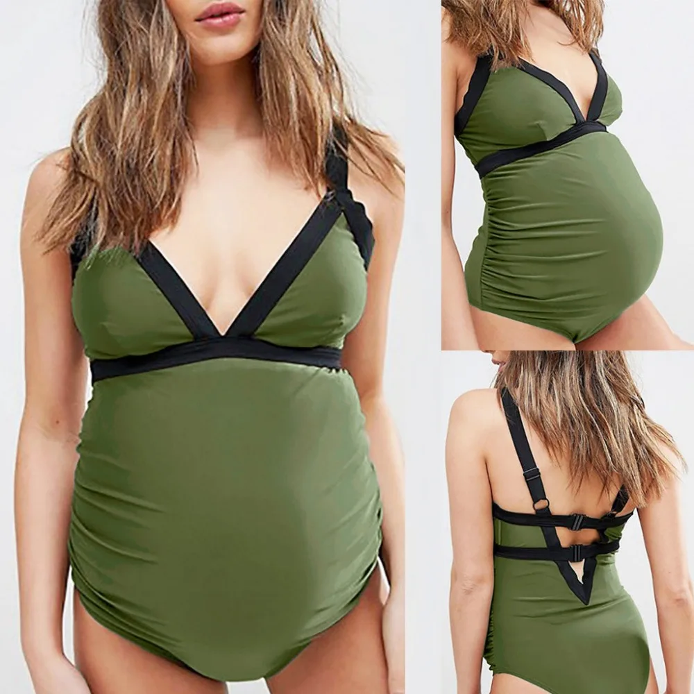 

Women's Swimming Suit Maternity V-Neck Sling Tankini Women Solid Strappy Swimsuit Bikinis Halter Pregnant Large Size Swimsuit