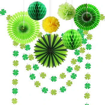

Spring Green Paper flower Honeycomb Fan Lucky Garland For St. Patrick's Day Party Decoration Four Leaf Clover Irish Party Banner